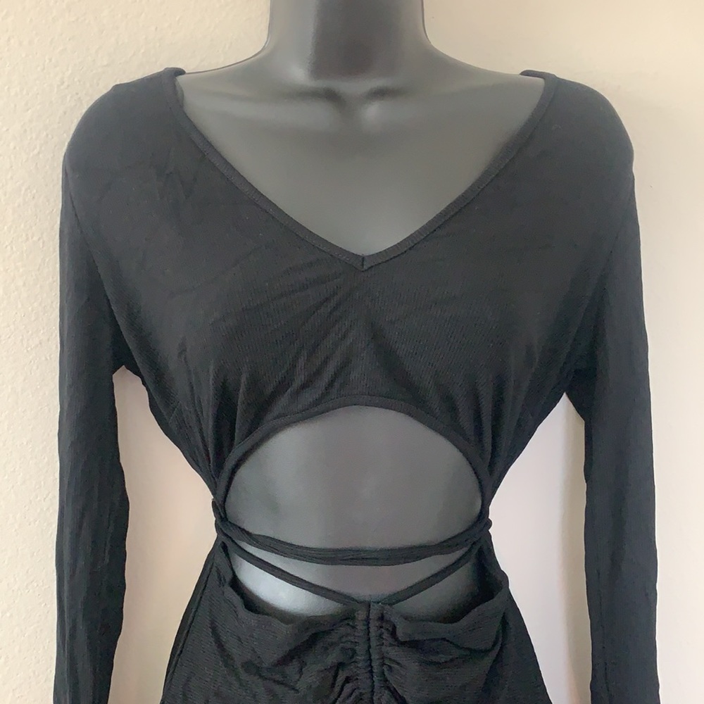 Princess Polly Noa Black Long Sleeve Ribbed Cut Out Criss Cross Tie Mini Dress - Picture 4 of 11
